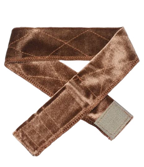 Soft, velvet brown wig grip headband.  Adjustable with Velcro closure and non-slip base.