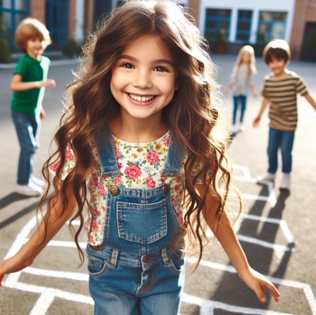Picture of young girl wearing a wig and playing hopscotch with her friends.