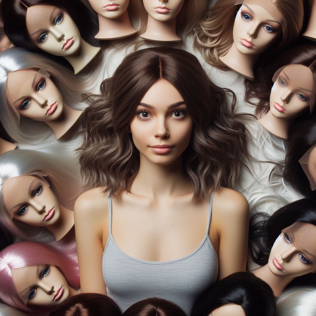 Woman surrounded by a collection of lace front wigs.