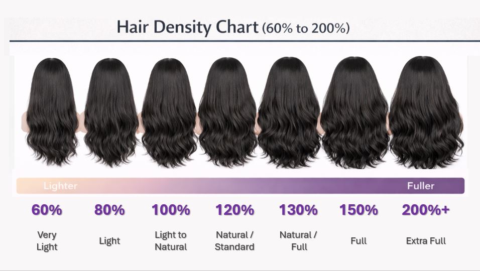 A chart showing wig hair density on wavy hair. Density levels range from 60% density to 200%+ density.